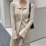 Kukombo  Elegant Knitted Two Piece Set Women Ribbed Zipper Flare Sleeve Shirts Tops And Elastic Waist Flare Pants Suit Slim Female Outfit