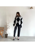 Kukombo Argyle Sweater Patchwork Pullovers 2022 Spring Women Clothing Vintage Knitted Fashion O-Neck Black Casual Long Sleeve