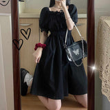 Kukombo Balck Puff Sleeve Women Dresses 2022 Gothic Wrap Kawaii Cute Dress Goth Casual Sundress Dark Academia Clothes