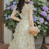 Kukombo  French Vintage Fairy Dress Women Ruffle Irregular Designer Long Floral Dress 2022 Summer Elegant Korean Holiday Victorian Dress