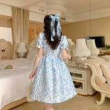 Kukombo Summer Blue Princess Dress Women Korean Chic Bow Kawaii Elegant Floral Dress Female Japanese Casual Fairy Party Sweet Dress 2022 K85