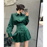 Kukombo  Elegant Shirt Dress Women Long Sleeve Autumn New Korean Fashion Turn-Down Collar Solid Office Lady Temperament Vestidos