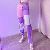 Kukombo  2022 New hip hop autumn Blue/Pink patchwork Jeans women High waist Hip hop straight Jeans ladies trousers female denim for woman