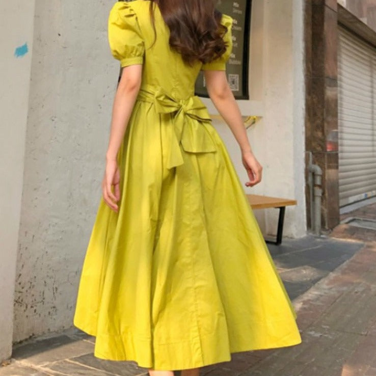 Women's Elegant Tie Bow Neck Dress Fashion Bodycon Solid Big Puff Sleeves  Flowy Pleated Simple Evening Cocktail Skirt (Color : Yellow, Size : Small)
