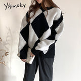 Kukombo Argyle Sweater Patchwork Pullovers 2022 Spring Women Clothing Vintage Knitted Fashion O-Neck Black Casual Long Sleeve