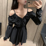 Kukombo Graduation Gift Big Sale Gothic Black Dress Women Casual Button Lace Evening Party Sexy Mini Dress Female Long Sleeve One-piece Dress Korean spring K48