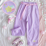 Kukombo  Japanese High Waist Cute Casual Purple Pants Korean Kawaii Girls Wide Leg Trousers Harajuku cartoon embroidery Denim Pants Women