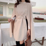 Christmas Gift Korean New Style Solid Color Loose Cape Coat Collect Waist Woolen Medium Long Coat Women Winter Tops For Woman