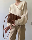 Kukombo Criss-Cross Sweater Khaki Fall 2022 Women Clothing Beige Korean Style Loose Pullovers Fashion Casual Raglan Sleeve Tops