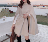 Christmas Gift Korean New Style Solid Color Loose Cape Coat Collect Waist Woolen Medium Long Coat Women Winter Tops For Woman