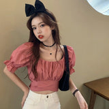 Kukombo Blouses Women Summer Puff-Sleeve Crop-Top Backless Sexy Club Pleated Solid Elegant Sweet Girls Bow Lace-Up Korean Style Blusas