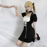 Kukombo Women's Maid Dress Kawaii Lolita Outfit French Milkmaid Costume Cosplay Bandage Sexy Waitress Dress Puff Sleeve Uniform