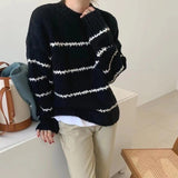 Kukombo Womens Winter Sweaters Striped Knitted Pullovers Black Beige Loose Fashion Casual Jumpers O-Neck Korean New Long Sleeve