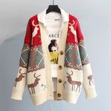 Christmas Gift Fashion Print Christmas Women Sweater Cardigan Winter New Loose Knitted Sweater V-neck Single Breasted Ladies Cardigans