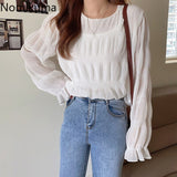 Kukombo Blusas Mujer Autumn New Korean Shirt O Neck Long Sleeve Elegant Blouse Women Solid Color Casual Fashion Tops 3c798