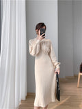 Kukombo Soft Elegant Women Knitted Dresses 2022 New V-Neck Korean Style High Waist Warm Lady Long Dresses Female Clothing