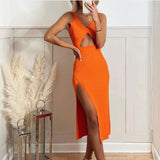 Christmas Gift Stylish Chic Front Hollow Out Orange Midi Dress Women 2021 Fashion V-Neck Side Split Strap Dress Female Elegant Vestidos