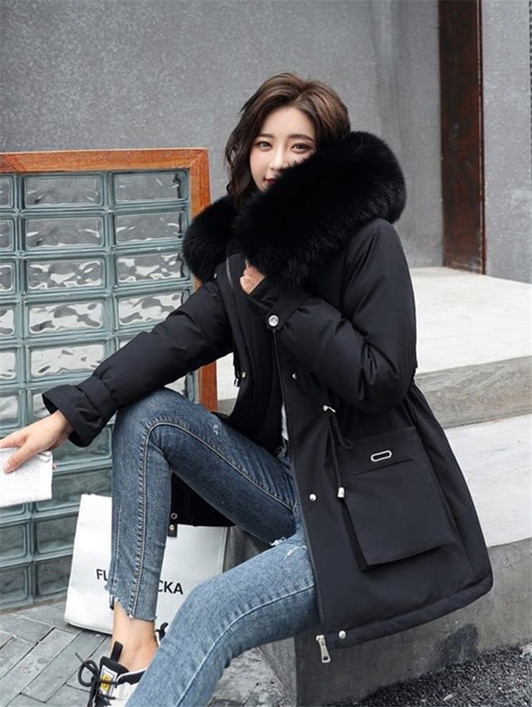 Kukombo 2023 New Winter Jacket Warm Fur Collar Thick Overcoat Fashion
