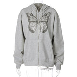 Kukombo Streetwear Oversized Big Butterfly Zipper Hoodie Jacket Sweatshirt Zip-Up Loose Autumn Casual Hoodies Jacket Coat For Women