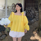 Kukombo Yellow Off The Shoulder Shirts Women Autumn New Style Long Sleeve Tops Fashion Loose Bow Bandage Blouses Female