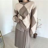 Kukombo Argyle Sweater Patchwork Pullovers 2022 Spring Women Clothing Vintage Knitted Fashion O-Neck Black Casual Long Sleeve