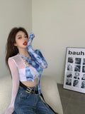 Kukombo  Sweet Cool Women's Y2k Top Tie Dye Dye Gauze T-shirt 2022 Summer New Hollow Out Bandage with Bra