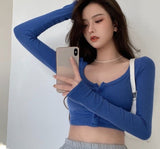 Kukombo Shirts Women Solid Leisure All-Match Single Breasted Elegant Slender O-Neck Fashion Autumn New Cozy Femenino Crop Tops Ins