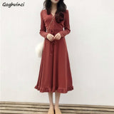 Kukombo Long Sleeve Dress Women Chic Ruffles Lace-Up High-Waist Elegant Vintage Dresses Ladies Slim Solid Simple Korean V-Neck Trendy