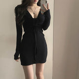 Kukombo  Knitting Sexy Dress for Women Deep V-neck Dresses 2022 Spring Long Sleeve Fashion Clothing Korean Office Lady Pleated