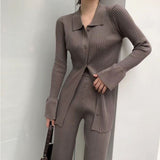 Kukombo  Elegant Knitted Two Piece Set Women Ribbed Zipper Flare Sleeve Shirts Tops And Elastic Waist Flare Pants Suit Slim Female Outfit