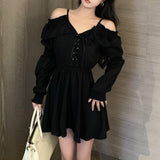 Kukombo Graduation Gift Big Sale Gothic Black Dress Women Casual Button Lace Evening Party Sexy Mini Dress Female Long Sleeve One-piece Dress Korean spring K48