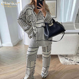 Kukombo Casual Print High Waist Pants Sets Women Elegant Loose Long Sleeve Blouse Home Two Piece Set Fashion Wide Trouser Suits