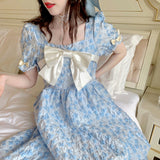 Kukombo Summer Blue Princess Dress Women Korean Chic Bow Kawaii Elegant Floral Dress Female Japanese Casual Fairy Party Sweet Dress 2022 K85