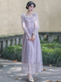 Kukombo Autumn Dress Purple Party Dresses Embroidered Lace Square Collar French Romantic Fairy Dresses Flared Sleeve Sweet Vestido Midi