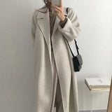 Christmas Gift Woman Long Coat Elegant Wool Coat With Belt Solid Color Korean Long Sleeve Chic Outerwear Autumn Winter Women Thick Overcoat