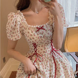 Kukombo Summer Patchwork Kawaii Dress Women Lace Up Japanese Sweet Party Mini Dress Short Sleeve Princess Chic Korean Bandage Dress 2022