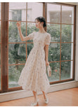 Kukombo Summer Short Sleeve Chiffon Fairy Dress Women 2022 Round Neck Elegant Beaded Backless Sexy Print Lace Puff Sleeve Sweet Vestido