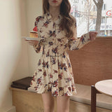 Kukombo 2022 Spring V-neck Floral Print Women Dress Elastic Waist Chiffon Short Dress Female Ruffles Mini A-line Vestidos Femme