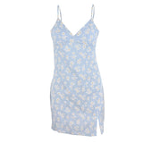 Kukombo Sweet Baby Blue Floral Dresses For Girls Summer Sundress Sexy V Neck Cami Bodycon Mini Dress With Split N33-BH10