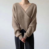 Kukombo Criss-Cross Sweater Khaki Fall 2022 Women Clothing Beige Korean Style Loose Pullovers Fashion Casual Raglan Sleeve Tops