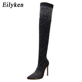 Christmas Gift Eilyken 2022 Fashion Runway Crystal Stretch Fabric Sock Boots Pointy Toe Over-the-Knee Heel Thigh High Pointed Toe Woman Boot