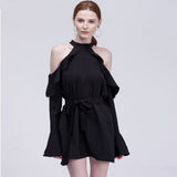 Kukombo  Bella Philosophy summer ruffles off shoulder mini dress halter long flare sleeve chiffon dress office lady loose holiday dress