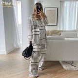 Kukombo Casual Print High Waist Pants Sets Women Elegant Loose Long Sleeve Blouse Home Two Piece Set Fashion Wide Trouser Suits