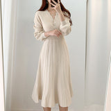 Kukombo Graduation Gift Big Sale  Vintage One Piece Korean Pleated Dress Long Sleeve Slim Woman Sweater Dresses Knitted Elegant Midi Party Woman Dress Autumn