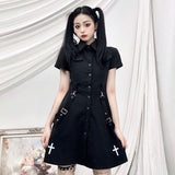 Kukombo Goth Dress Punk Gothic Harajuku Summer Black Mini Dress Shirt Women 2022 Short Sleeve Emo Clothes Mall Goth Dark Academia