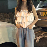 Kukombo Camis Women Summer Ruffles Sweet Korean Style Camisoles Fashion Elegant Loose Sexy Chic Solid Color Womens Streetwear Ulzzang