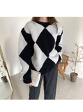 Kukombo Argyle Sweater Patchwork Pullovers 2022 Spring Women Clothing Vintage Knitted Fashion O-Neck Black Casual Long Sleeve