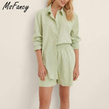 Christmas Gift Msfancy Summer Short Sets Women 2021 Green Long Sleeve Shirt Elastic Waist Shorts 2 Pieces Sets Casual Outwear