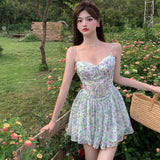 Kukombo  Sexy Strap Floral Dress Women Designer Korean Elegant Sweet Mini Dress Sleeveless Chiffon Slim Fairy Party Dress Summer 2022 New