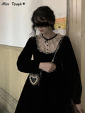 Kukombo Autumn Retro Hepburn Black Gothic Dress Woemen Lace Patchwork Y2K Kawaii Party Mini Dress Female High Street Korean Dress 2022